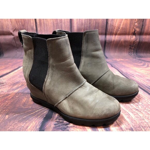 Sorel Joan Of Arctic Taupe Leather Wedge Chelsea Boots Womens 6.5 (e8n) - Picture 3 of 6